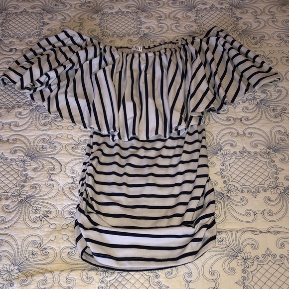 VENUS Striped Off-Shoulder Blouse in Black and White - Picture 1 of 4